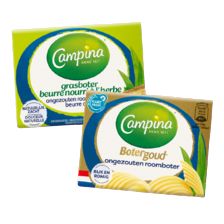 Campina botergoud roomboter
gezouten of ongezouten
of grasboter ongezouten
kuipje of wikkel à 225/250 gram